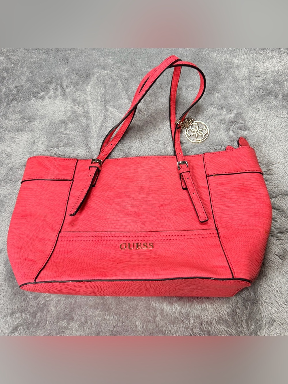 Guess Coral-Pink Tote with Gold Logo Charm